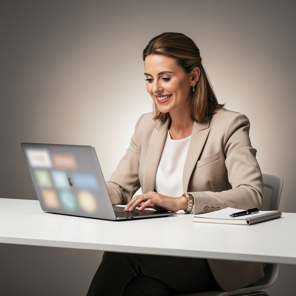 Belgian professional woman smiling while discussing notes at a bright desk